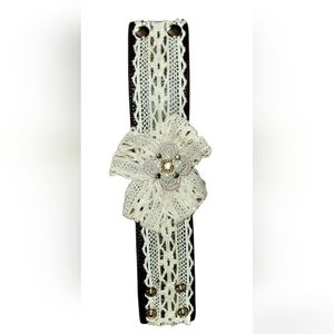Leather and Lace Snap Bracelet, 8½"x 1½", Brown/Cream